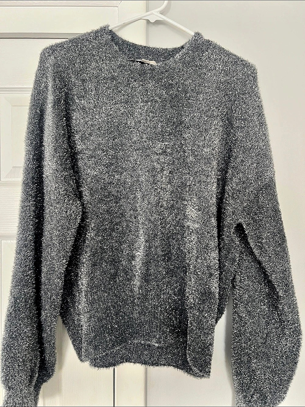 LOFT Fuzzy Crewneck Sweater in Grey Metallic Large Like New